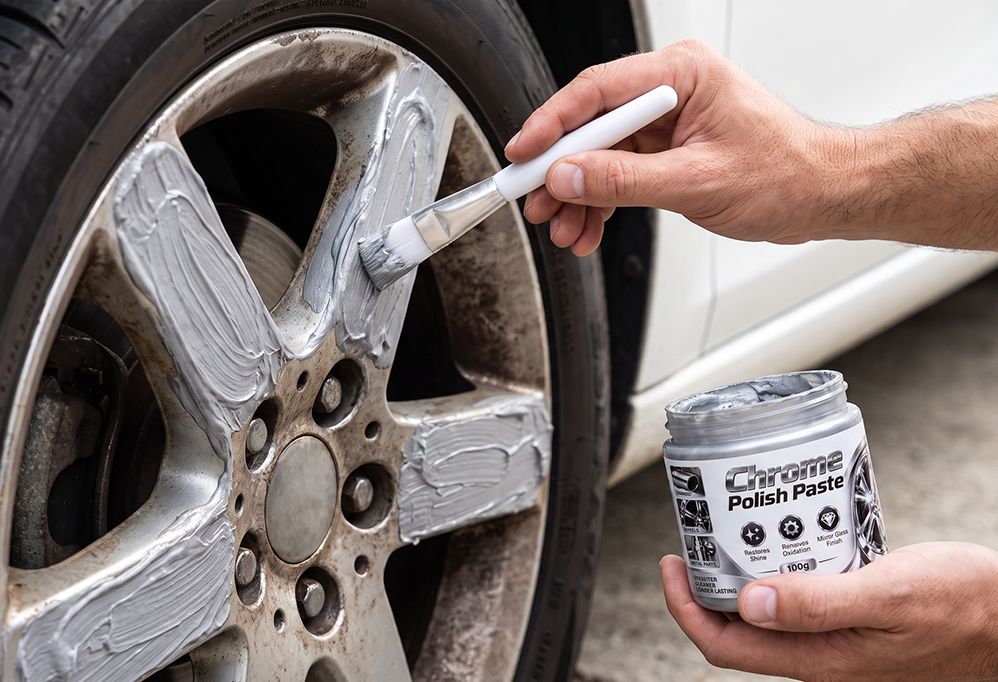 Brush applying paste to a wheel