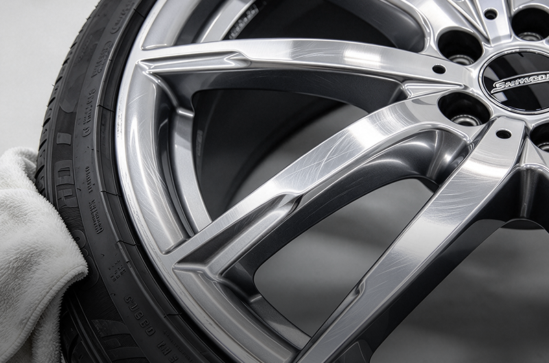 Close-up of a polished metal wheel