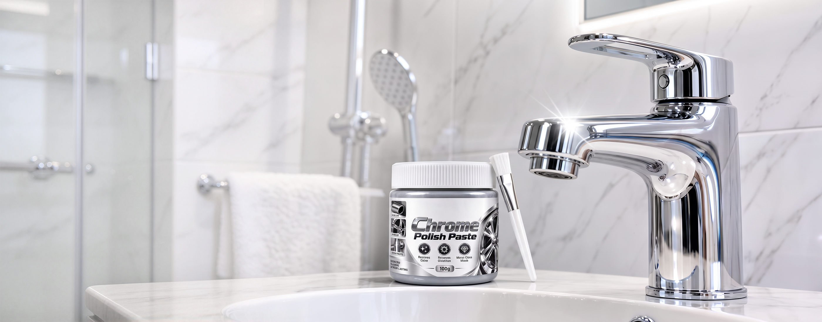 Chrome polishing paste beside a bathroom tap