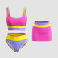 🌼Color Block Patchwork Nylon Sporty 3-Piece Bikini Set - High Waisted & Tummy Control Swimsuit👙🌈