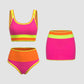 🌼Color Block Patchwork Nylon Sporty 3-Piece Bikini Set - High Waisted & Tummy Control Swimsuit👙🌈