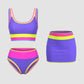 🌼Color Block Patchwork Nylon Sporty 3-Piece Bikini Set - High Waisted & Tummy Control Swimsuit👙🌈