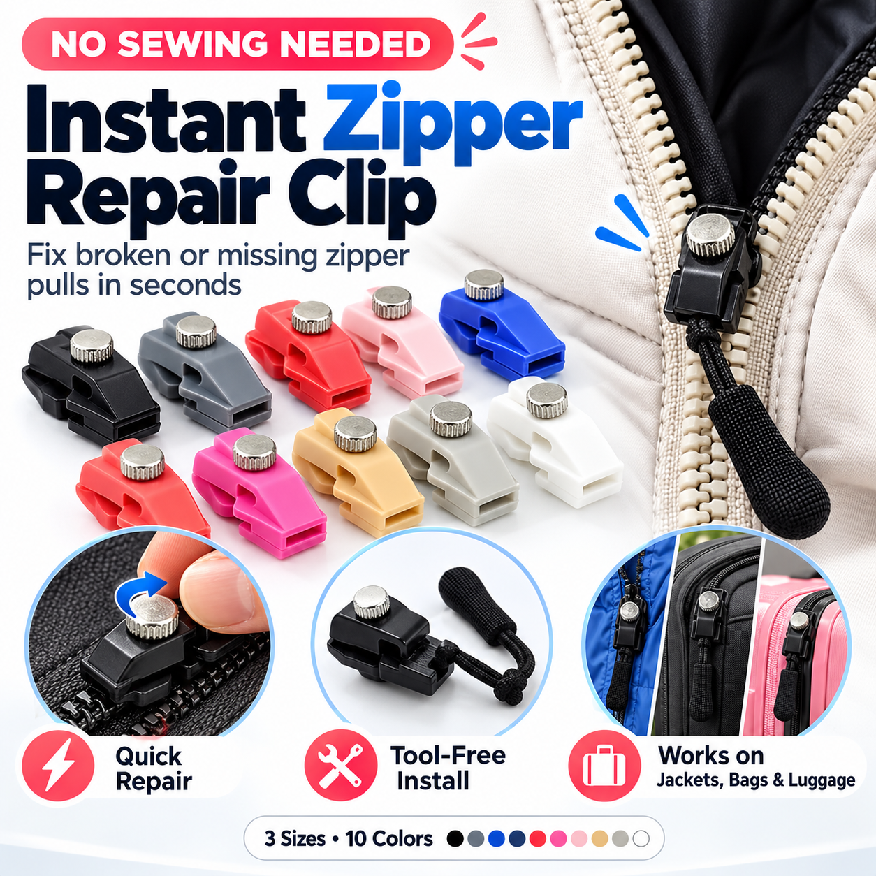 Clip-on zipper repair pulls in multiple colors with a screw-lock fastening
