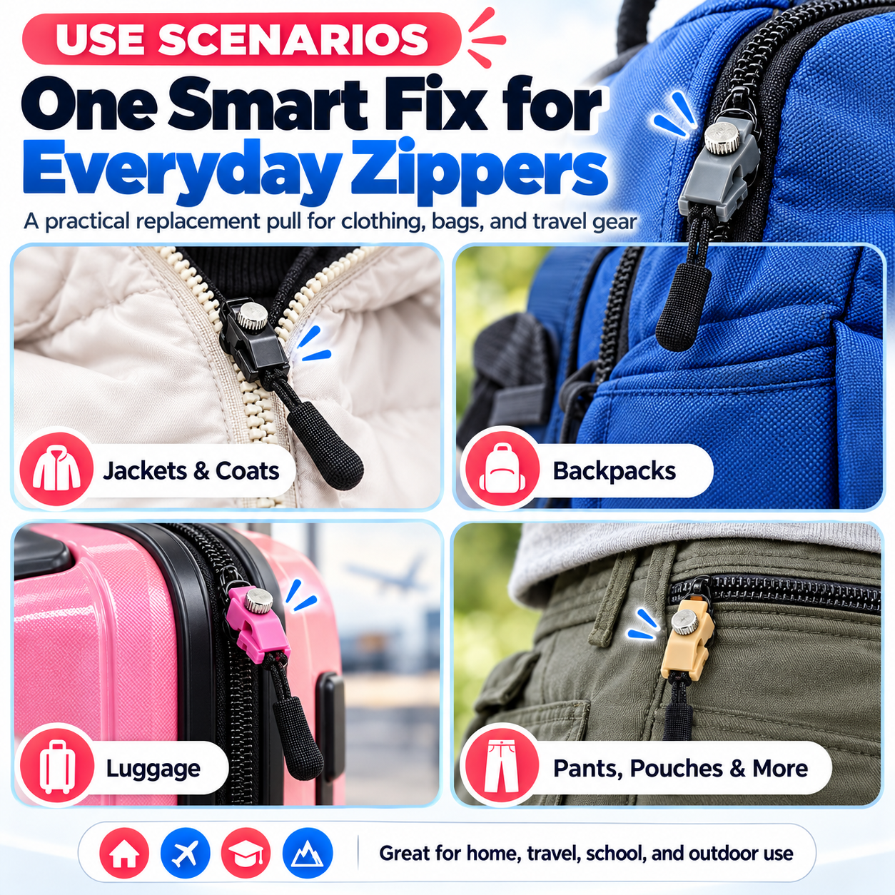 Replacement zipper pulls used on clothing, a backpack and luggage