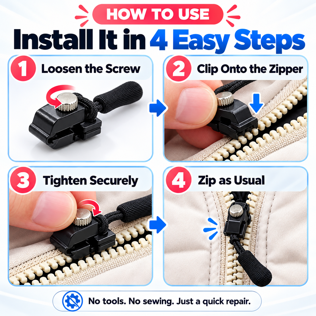 Four illustrated installation steps: loosen, clip on, tighten and zip