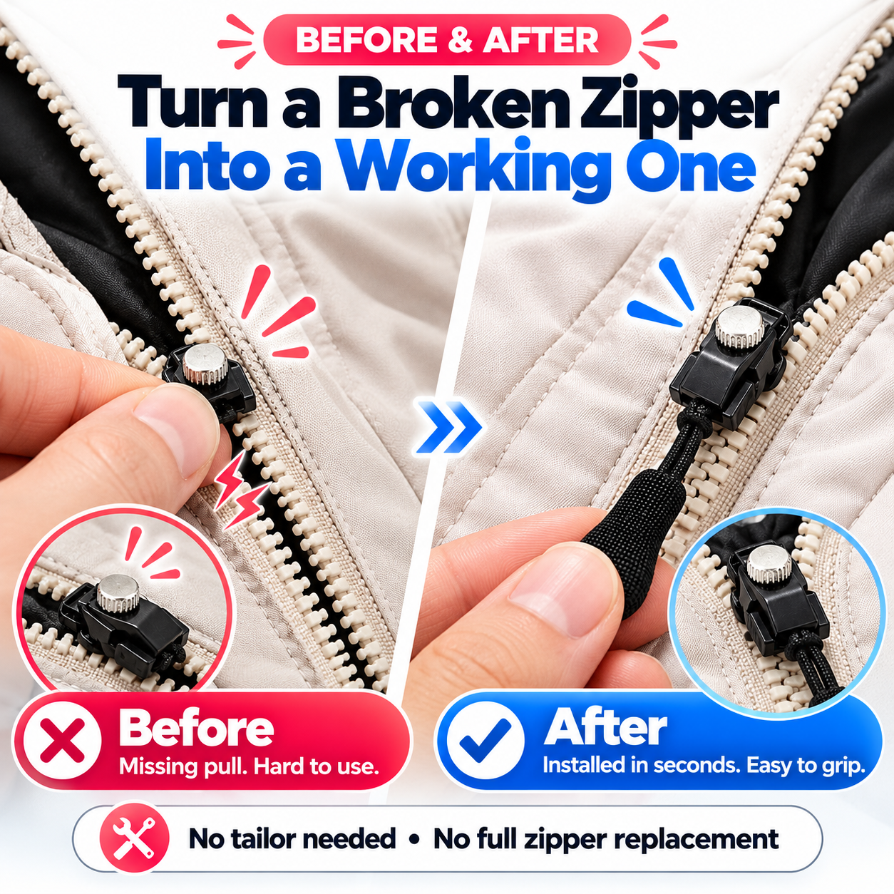 Before and after fitting a replacement pull to a jacket zipper